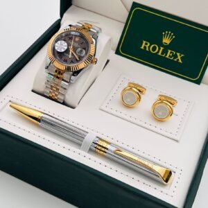 طقم رجالي رولكس ذهبي فضي بقرص رمادي