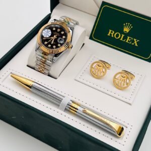 طقم رجالي رولكس ذهبي فضي بقرص أسود