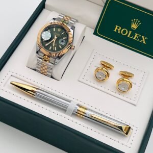 طقم رجالي رولكس ذهبي فضي بقرص أخضر