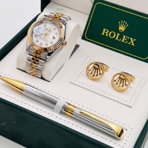 طقم رجالي رولكس ذهبي فضي بقرص أبيض